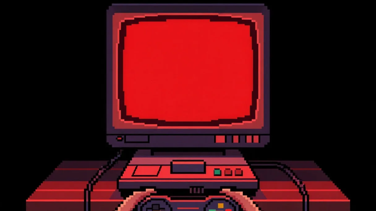 комната с игровой консолью Virtual Boy, человек держит контроллер, освещение подчёркивает красный экран устройства