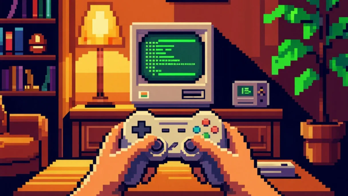 игрок с геймпадом у консоли Sega Genesis в интерьере 90‑х