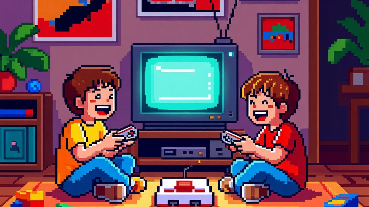 дети играют в ретро-игру на Sega Mega Drive в уютной обстановке 90-х