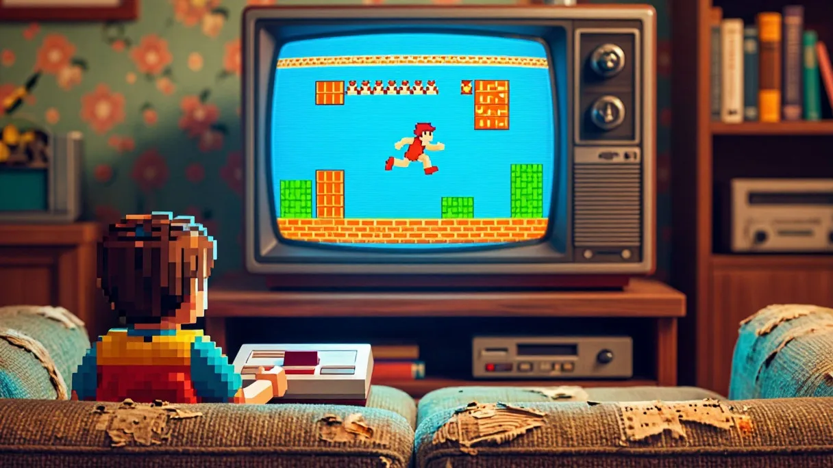 ребёнок играет в Super Mario Bros. на NES, на экране телевизора Марио преодолевает препятствия