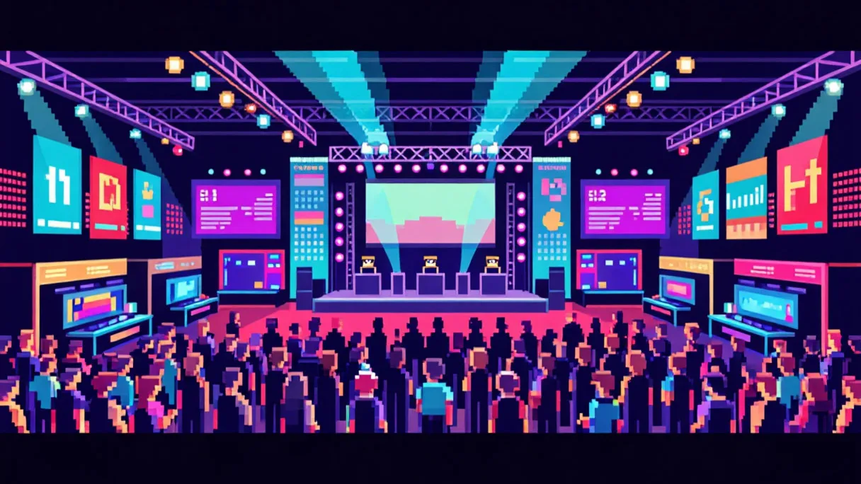 атмосфера игровой выставки, люди смотрят трейлеры игр