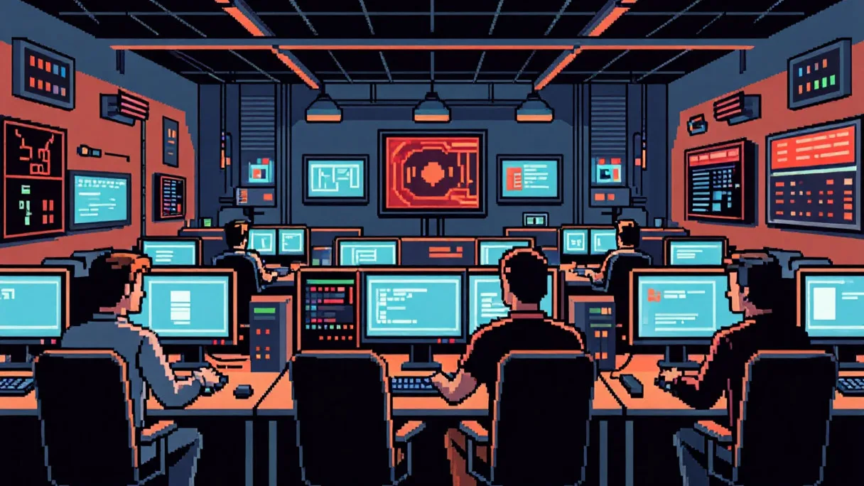 команда разработчиков в офисе, на экранах — концепты игр по мотивам научной фантастики и «Звёздных войн»