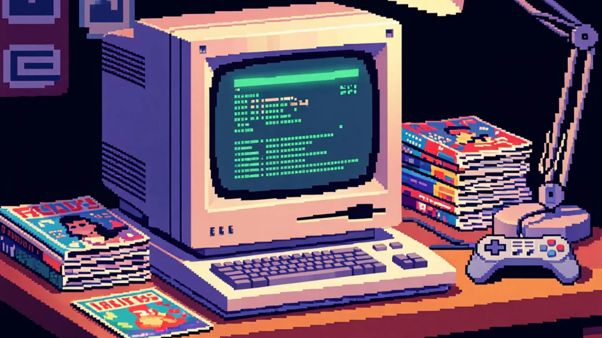 комната с ретро‑компьютером Amiga в обстановке 90‑х