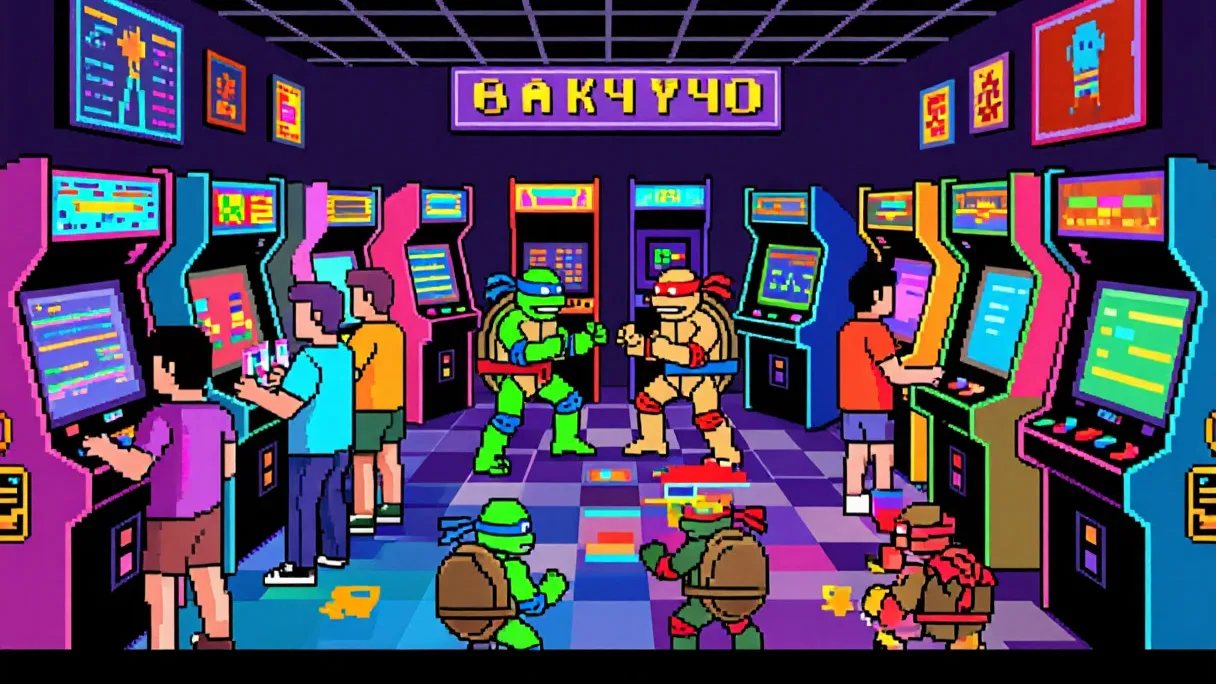 игроки в аркадном зале наблюдают за боем в Teenage Mutant Hero Turtles: Tournament Fighters