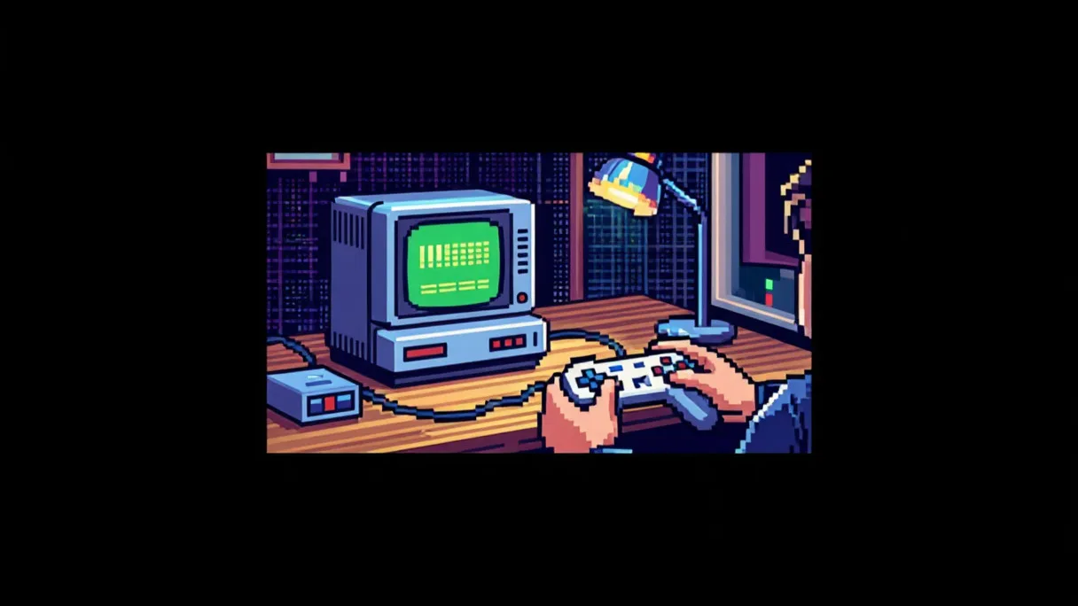 комната с ретро-игровой консолью Commodore Amiga CD32 и игроком с геймпадом