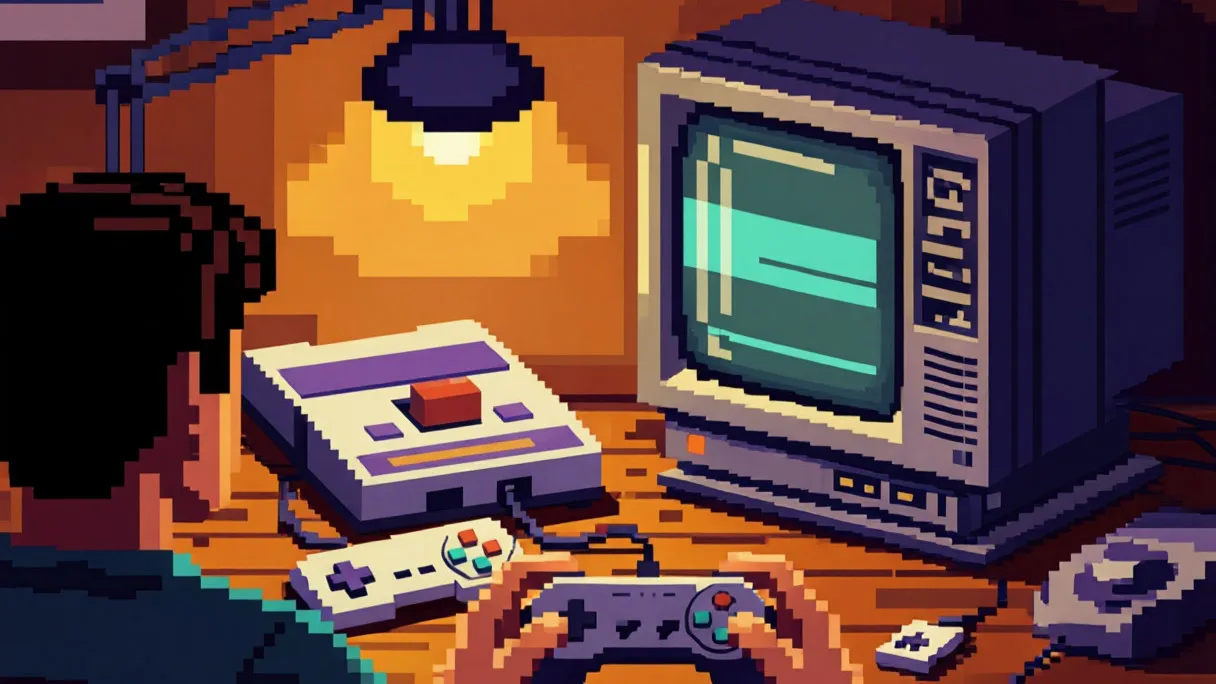 гостиная 90-х с консолями NES и SNES и игроком с геймпадом