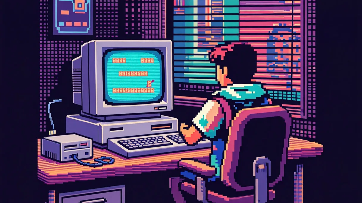 человек играет в игру на ZX Spectrum в обстановке 80-х