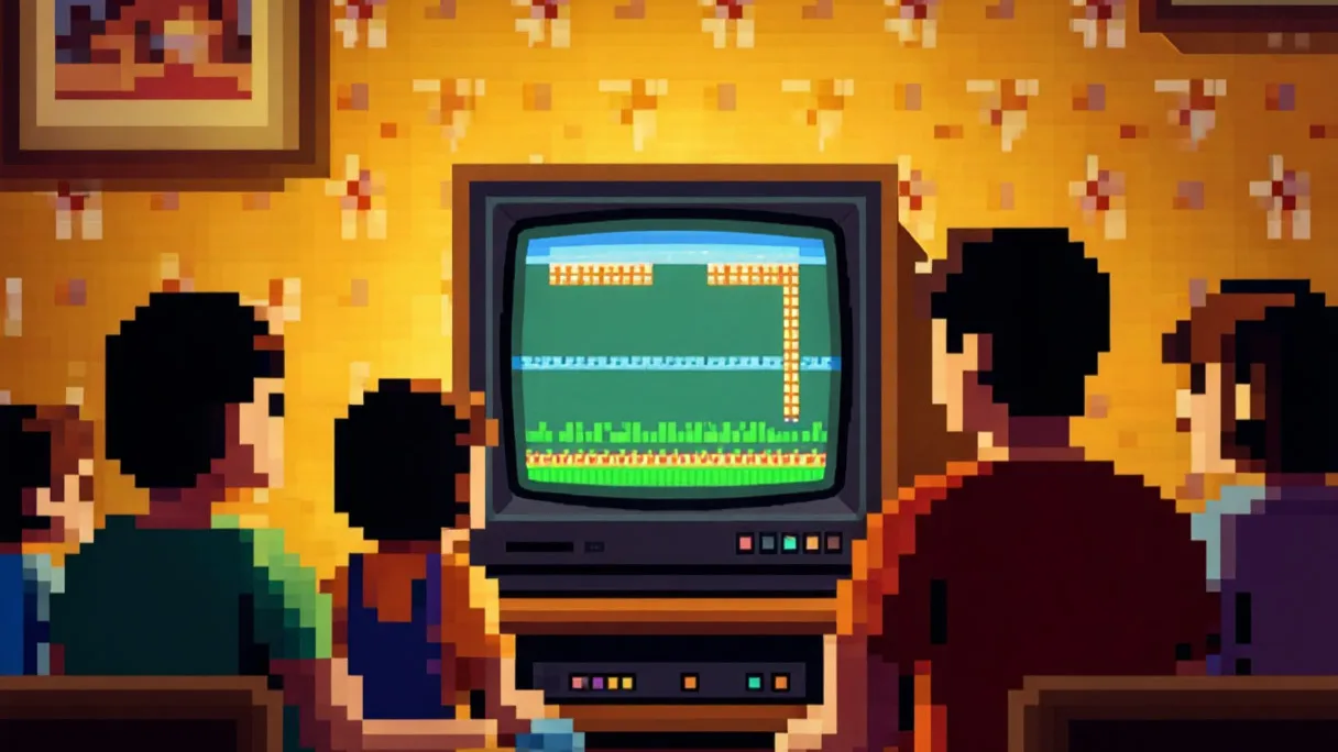 семья собралась вокруг приставки Atari, все с интересом наблюдают за игрой